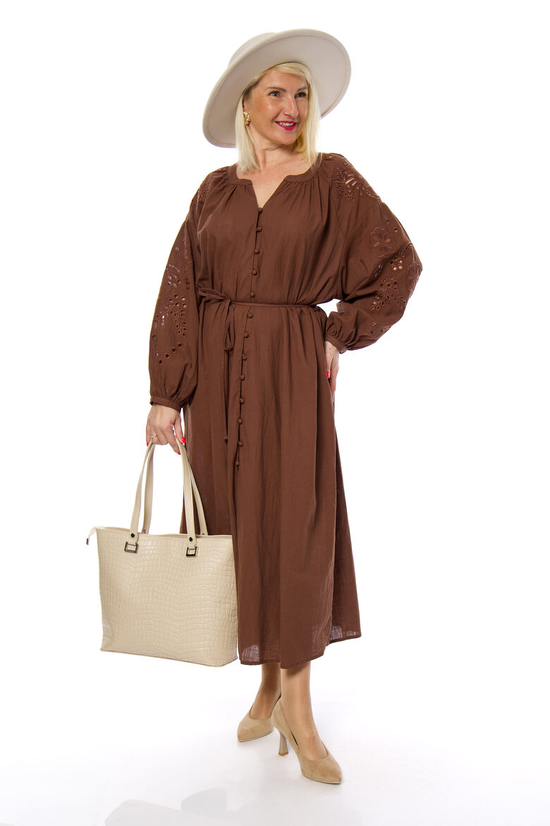 Tumši brūna kokvilnas auduma kleita ar jostiņu Wiya