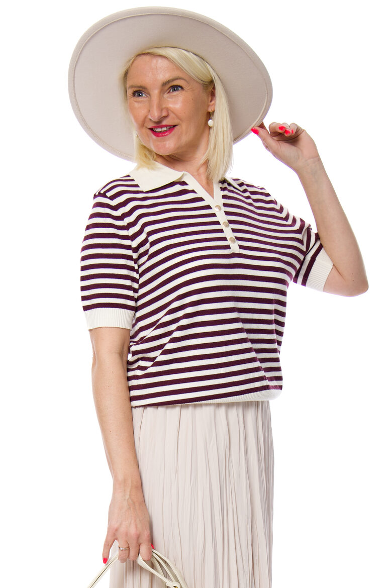 Strīpains sieviešu džemperis ar īso piedurkni FANG KNITWEAR