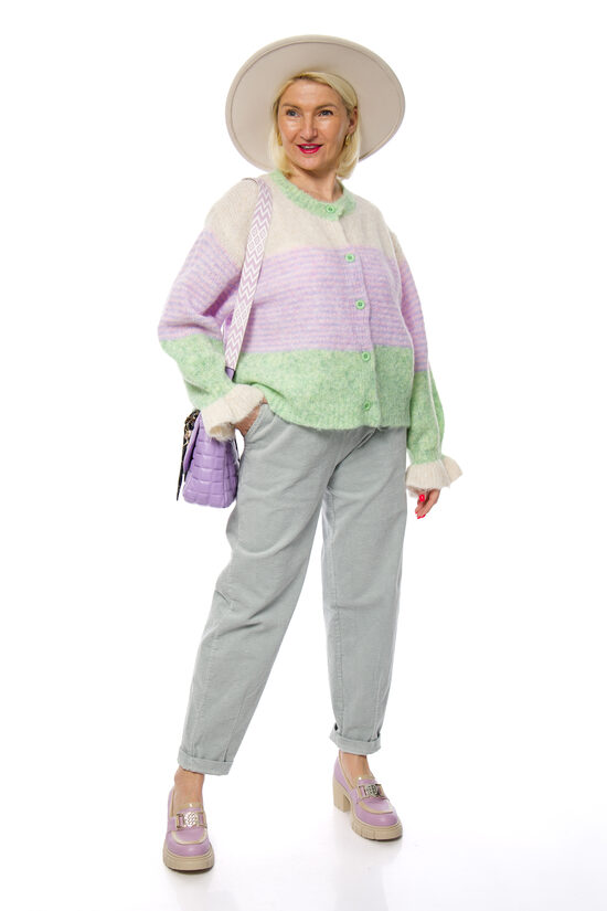 Gaiši pelēkas velveta/kokvilnas auduma sieviešu bikses ar jostiņu LIVANS