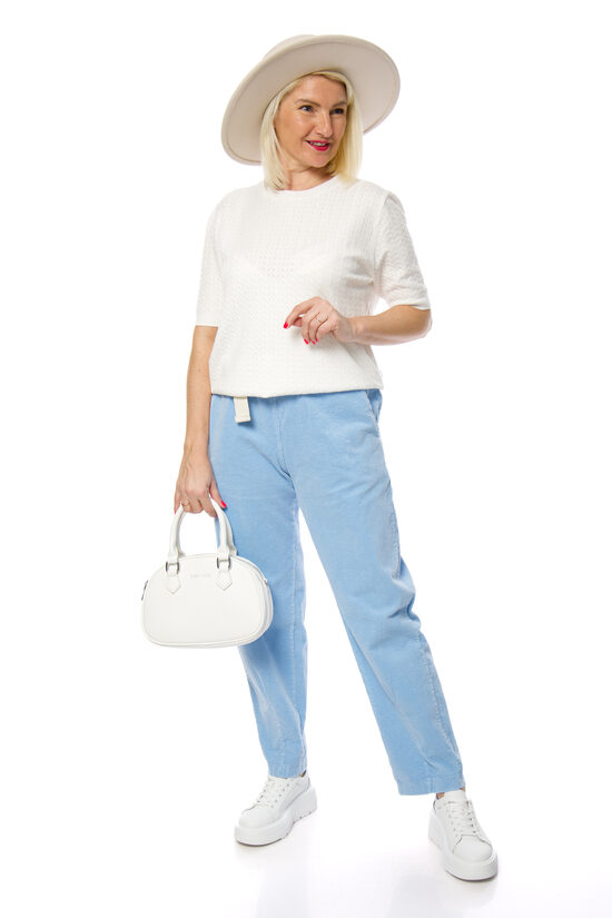 Gaiši zilas velveta/kokvilnas auduma sieviešu bikses ar jostiņu LIVANS