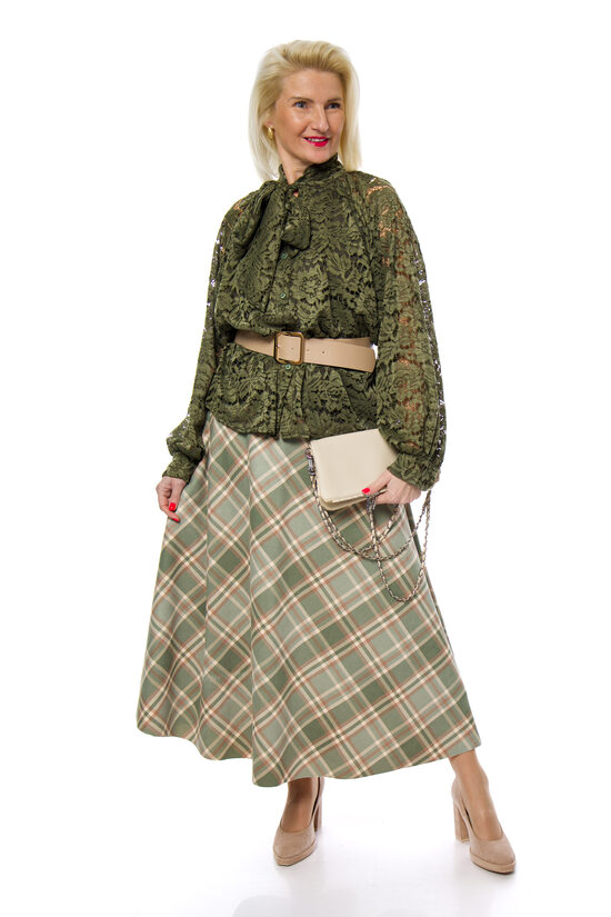 Eleganti gaiši zaļas krāsas, rūtaini svārki ar jostiņu MISS TRENDY