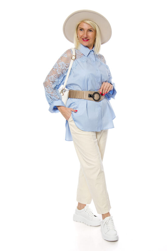 Krēmkrāsas velveta/kokvilnas auduma sieviešu bikses ar jostiņu ITALIAN STYLE