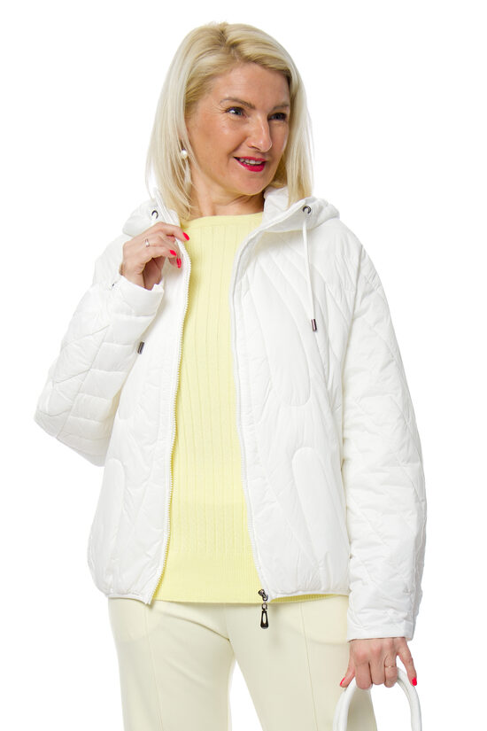 Balta īsā Bomber stila virsjaka ar kapuci FD