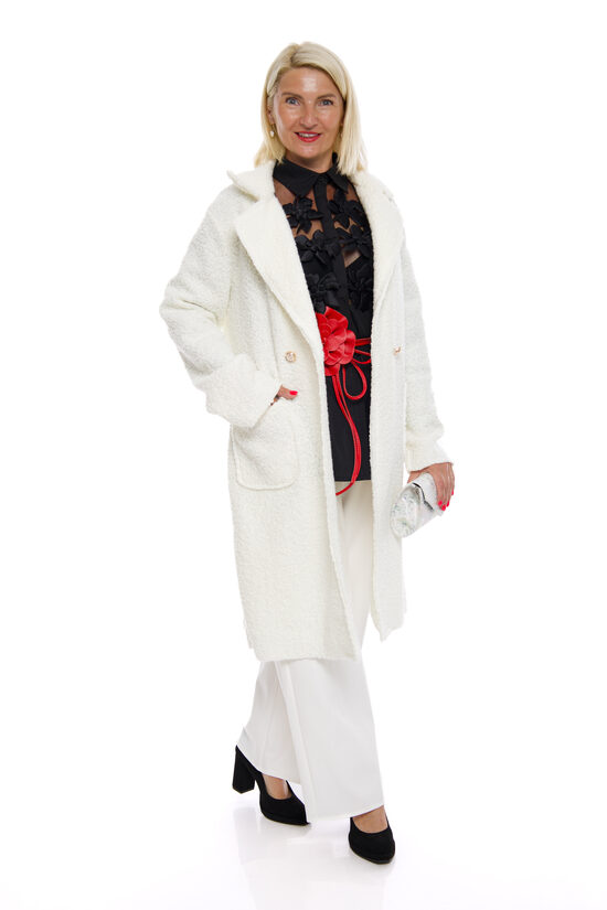 Baltas krāsas plāns pusgarais sieviešu mētelis ar jostiņu FASHION
