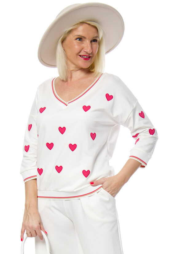 Balts kokvilnas auduma sieviešu džemperis ar sirsniņām MEGI