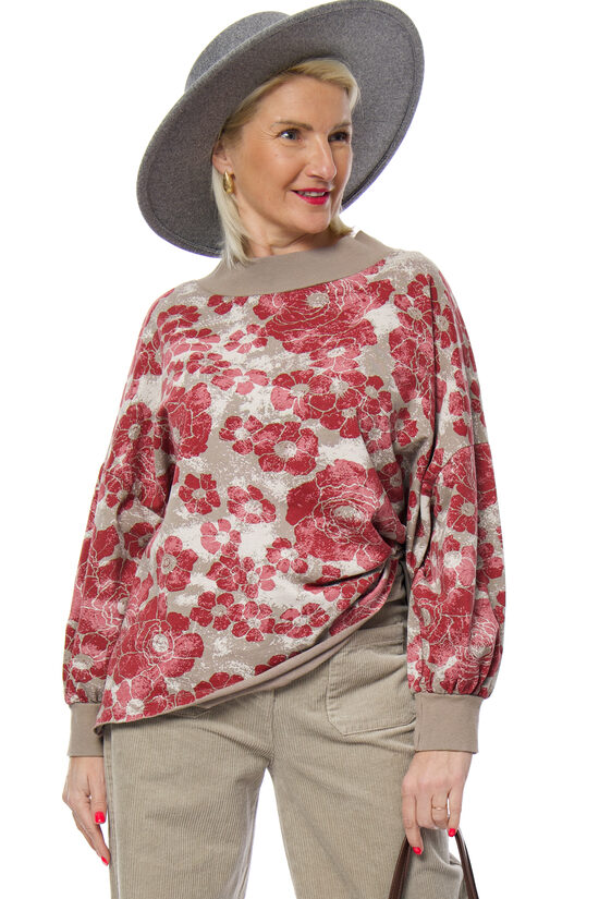 Pelēkas krāsas kokvilnas džemperis ar ziedu rakstu MU MU 