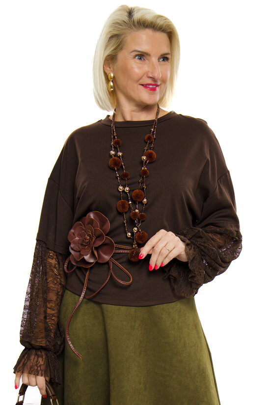 Tumši brūns sieviešu džemperis ar mežģīņu piedurknēm Make it Happen