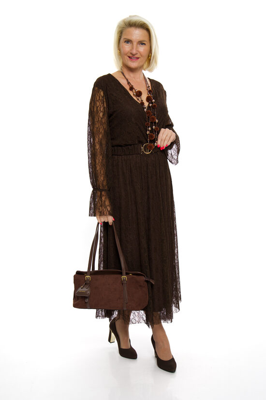 Eleganta brūnas krāsas mežģīņu kleita ar jostiņu H2O