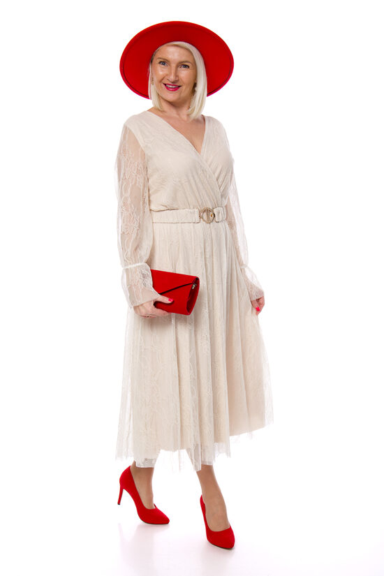 Krēmkrāsas mežģīnes kleita ar jostiņu NC