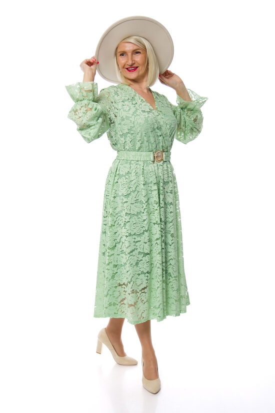 Gaiši zaļas krāsas mežģīnes kleita ar jostiņu NC