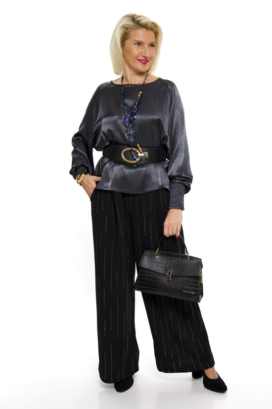 Melnas platās sieviešu bikses ar spīdumu LUX LUNA