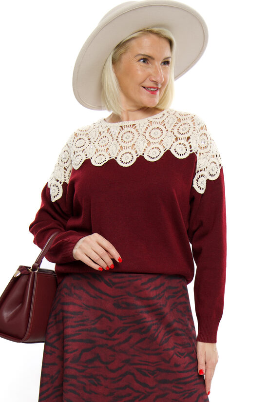 Bordo krāsas sieviešu džemperis ar mežģīni Studio Elegance