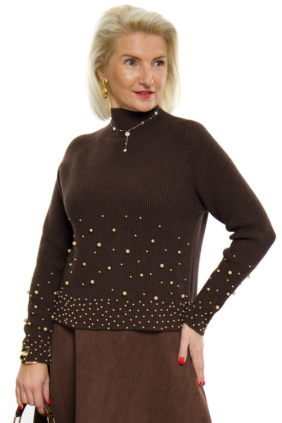 Tumši brūnas krāsas džemperis-bītlene ar pērlītēm Rosella