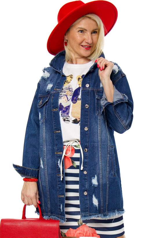 Garā džinsu jaka ar plēsumiem Kiss Pink