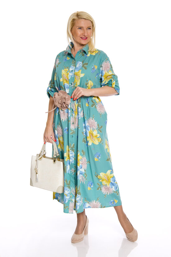 Zilganzaļas krāsas kokvilnas kleita ar ziedu rakstu NC