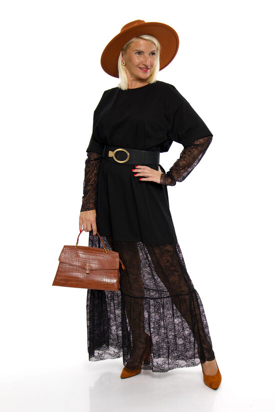 Melnas krāsas kokvilnas auduma kleita ar mežģīni Mystery Jane