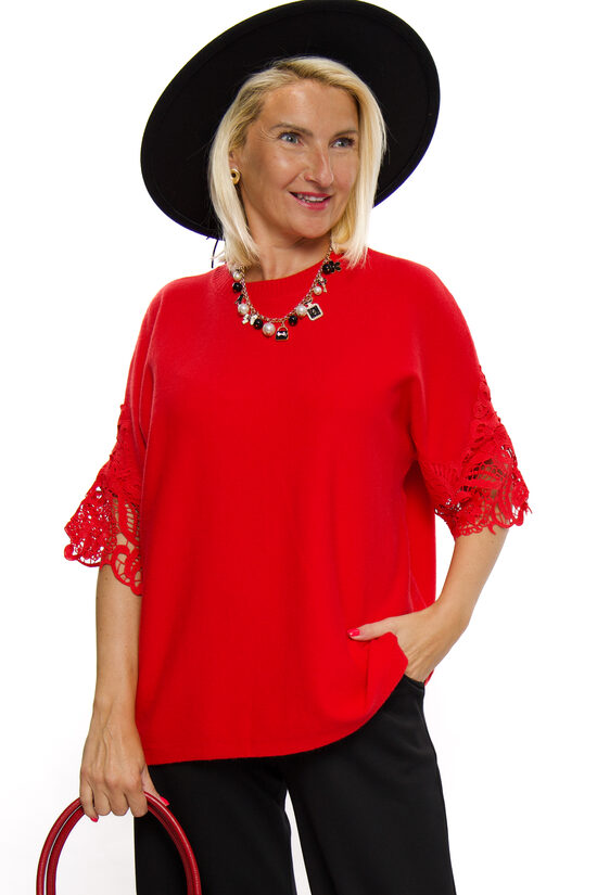 Sarkanas krāsas džemperis ar mežģīnes piedurkni Si&Fan