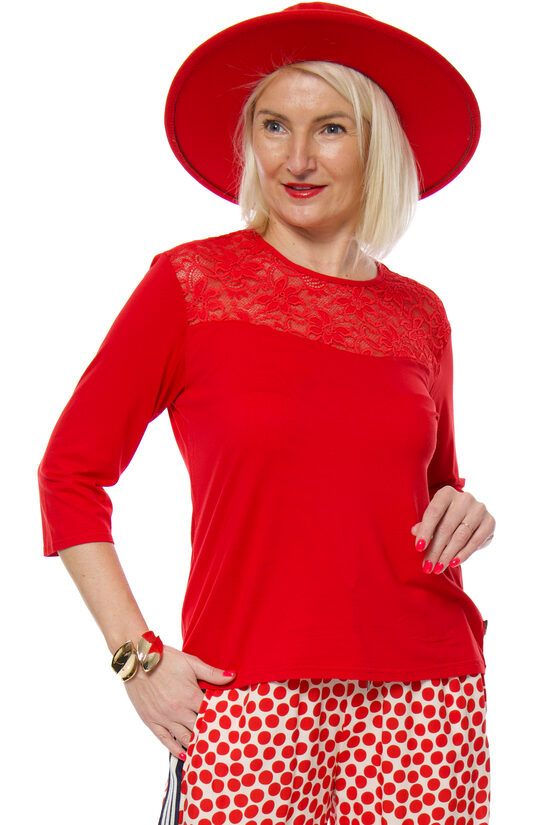 Sarkanas krāsas viskozes auduma tops ar mežģīni T&Z