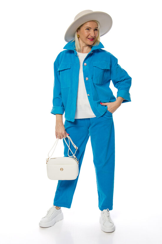 Koši zilas velveta/kokvilnas auduma sieviešu bikses ar jostiņu ITALIAN STYLE