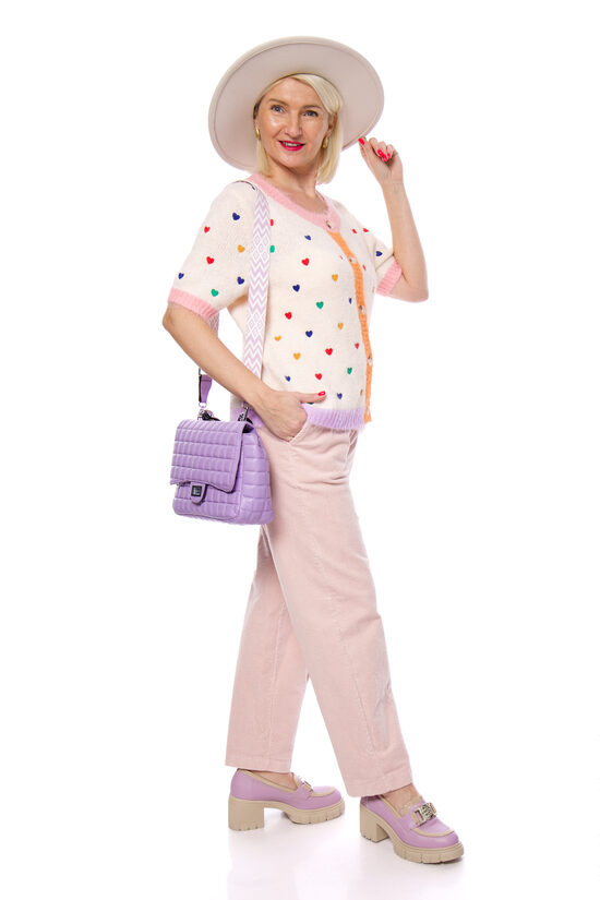 Pasteļrozā krāsas velveta/kokvilnas auduma sieviešu bikses ar jostiņu LIVANS