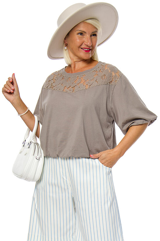 Elegants taupe krāsas sieviešu krekliņš ar mežģīni LUXLUNA