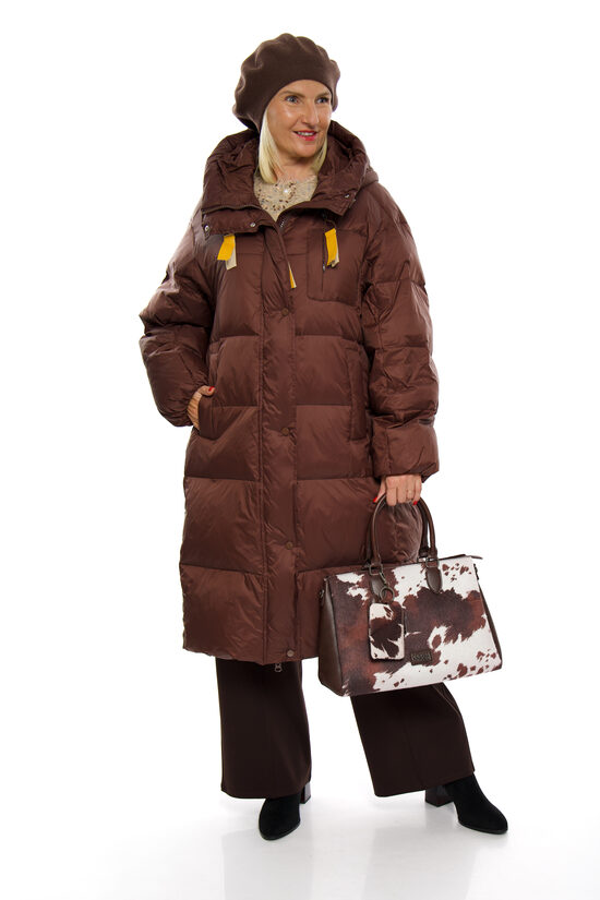 Tumši brūns dūnu sieviešu mētelis ar kapuci H&D