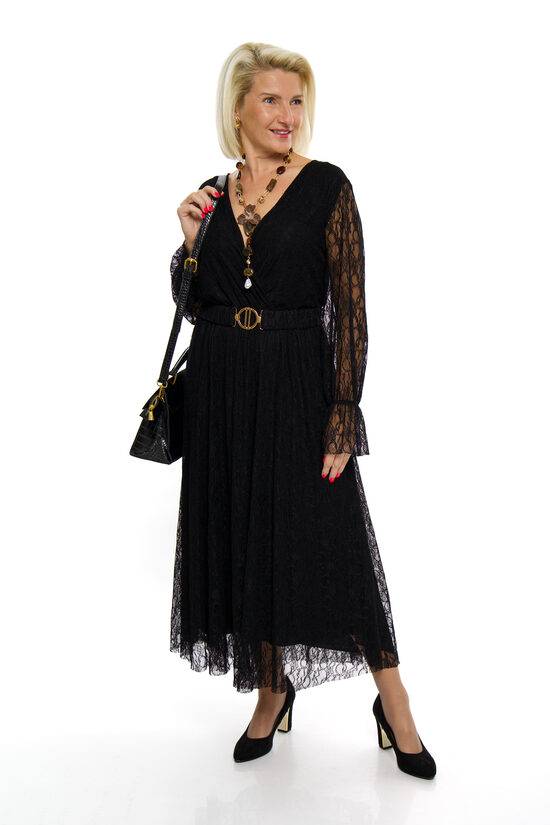 Eleganta melnas krāsas mežģīņu kleita ar jostiņu H2O