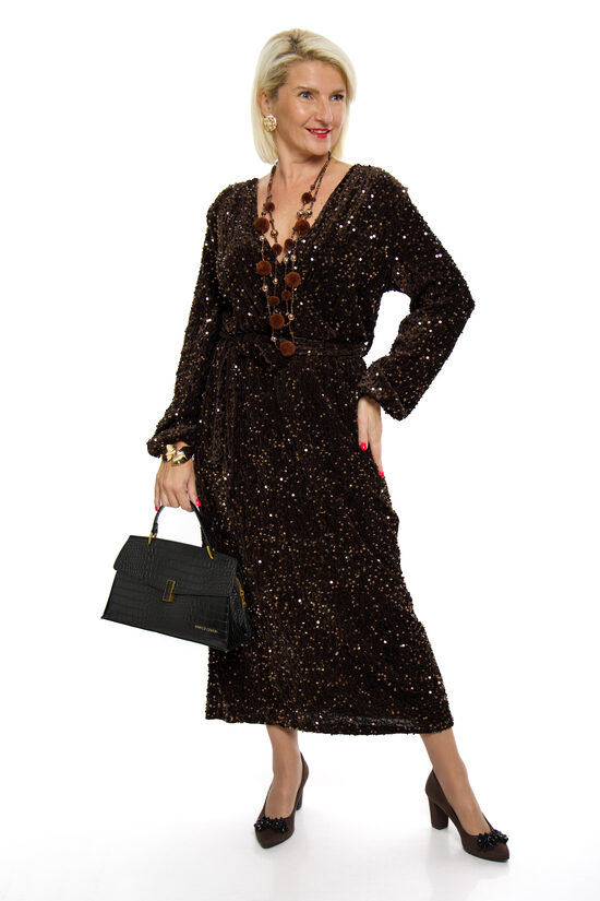 Eleganta brūnas krāsas samta kleita ar fliteriem H2O