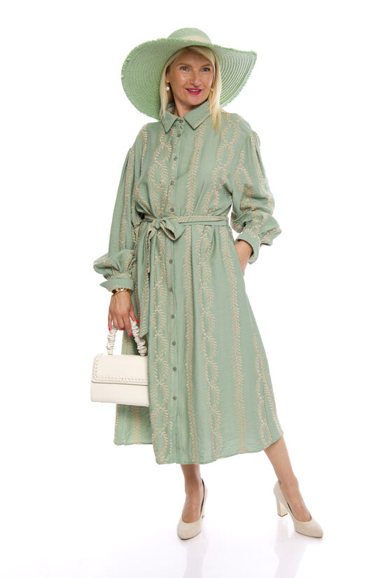 Pasteļzaļas krāsas viskozes auduma kleita ar jostiņu Alyssa