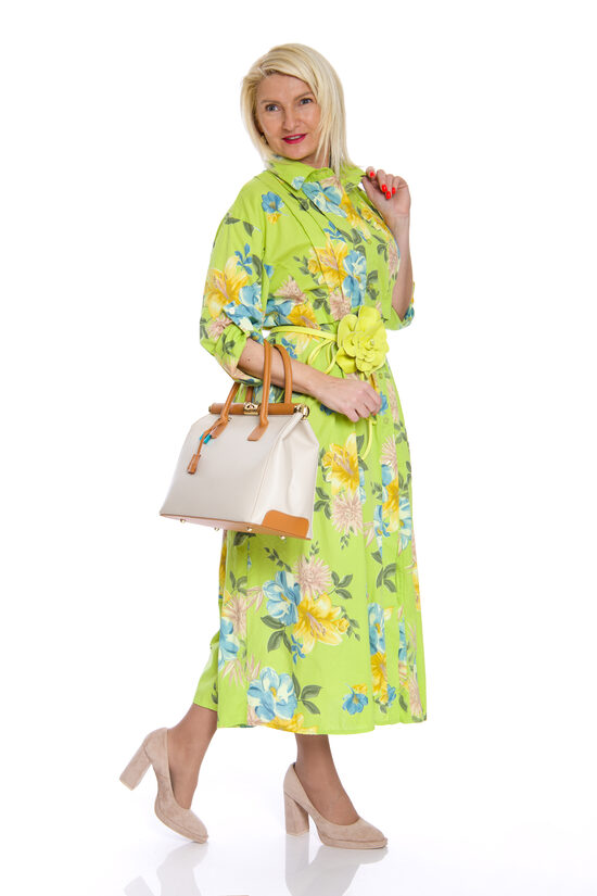 Salātzaļas krāsas kokvilnas kleita ar ziedu rakstu NC