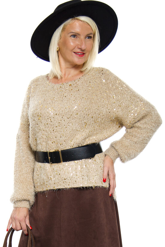 Gaiši brūnas krāsas sieviešu džemperis ar spīdumu ITALY