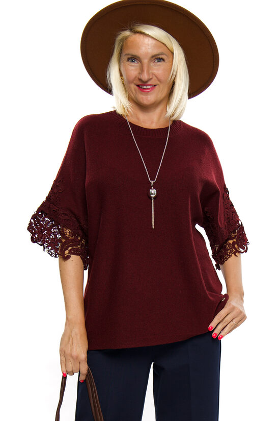 Bordo krāsas džemperis ar mežģīnes piedurkni Si&Fan