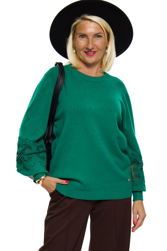 Zaļas krāsas sieviešu džemperis ar mežģīnes piedurkni Si&Fan