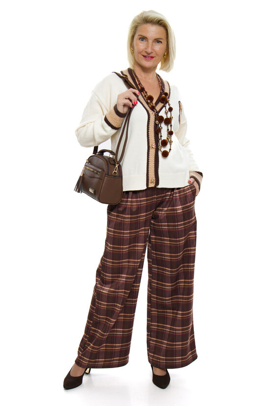 Rūtainas platās sieviešu bikses ar jostiņu MISS TRENDY