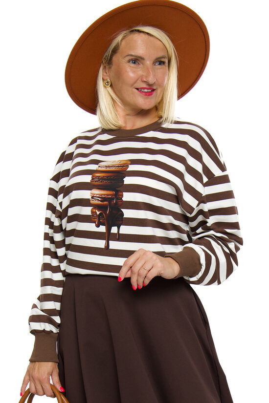 Strīpains kokvilnas auduma sieviešu džemperis ar aplikāciju MEGI