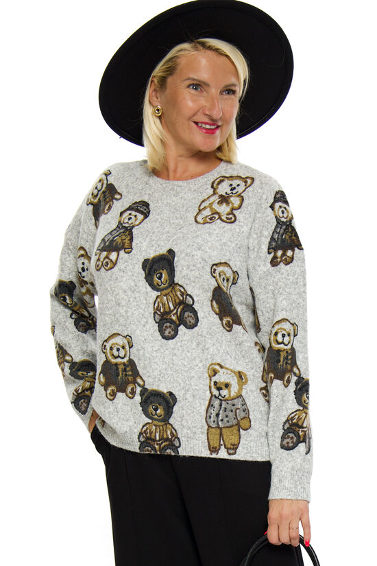 Pelēkas krāsas sieviešu džemperis ar lācīšiem E-Woman