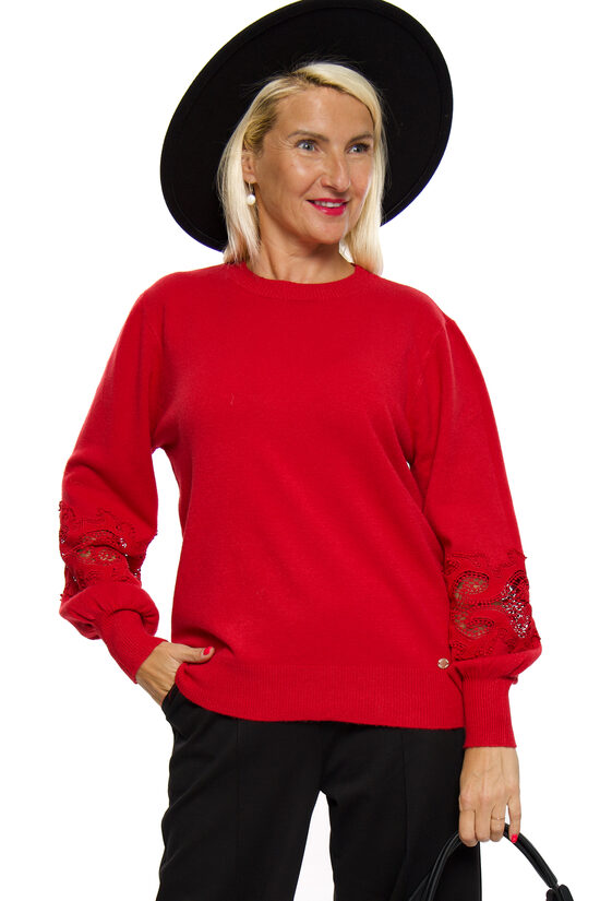 Tumši sarkans sieviešu džemperis ar mežģīnes piedurkni Si&Fan