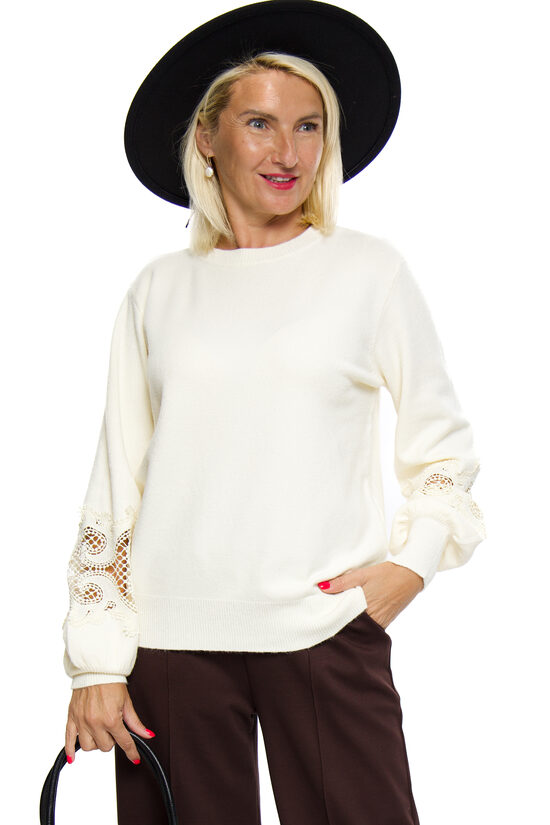 Krēmkrāsas sieviešu džemperis ar mežģīnes piedurkni Si&Fan