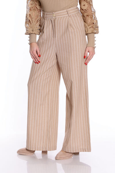 Strīpainas, bēšas krāsas kokvilnas sieviešu platās bikses Gioya