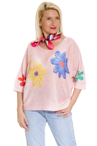 Adīts plāns sieviešu džemperis ar ziedu rakstu