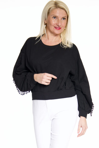 Melns īsais kokvilnas džemperis ar pērlītēm Timiami