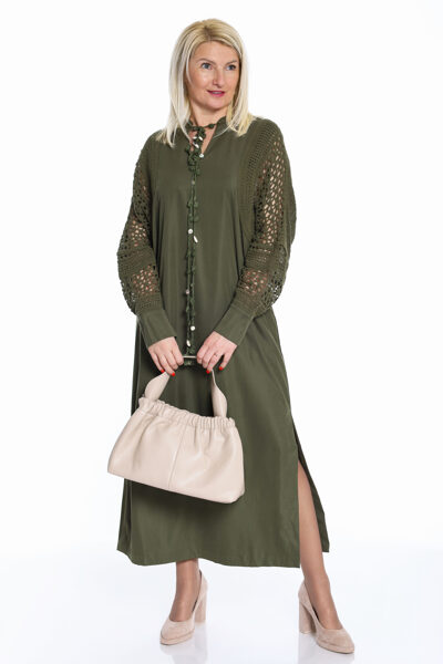 Olīves zaļas krāsas kokvilnas kleita ar šķēlumiem sānos Queen Drama